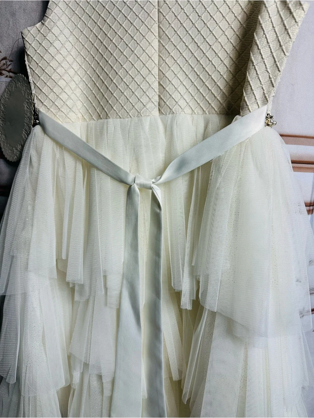 American Princess Ivory Lace Bodice Tulle Dress with Jeweled Waist